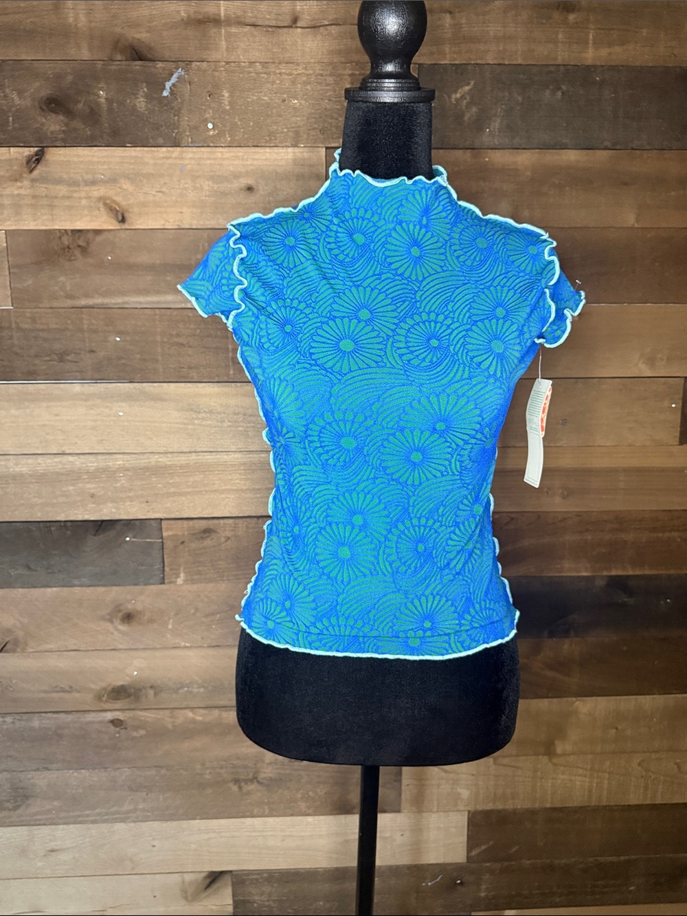 Seea Bright Blue Floral Mesh Crop Top with Contrast Lettuce Hem